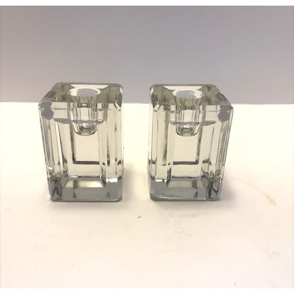 Vtg MCM Crystal Glass Ice Cube Style Candle Holder Pair Indented Sides Heavy